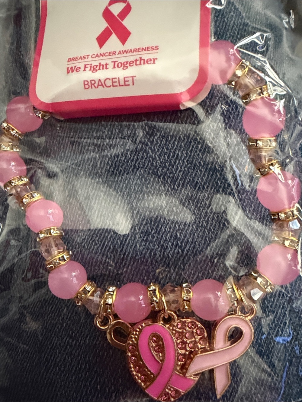 Nicole Pink Beaded Breast Cancer Awareness Bracelet with Ribbon Charms